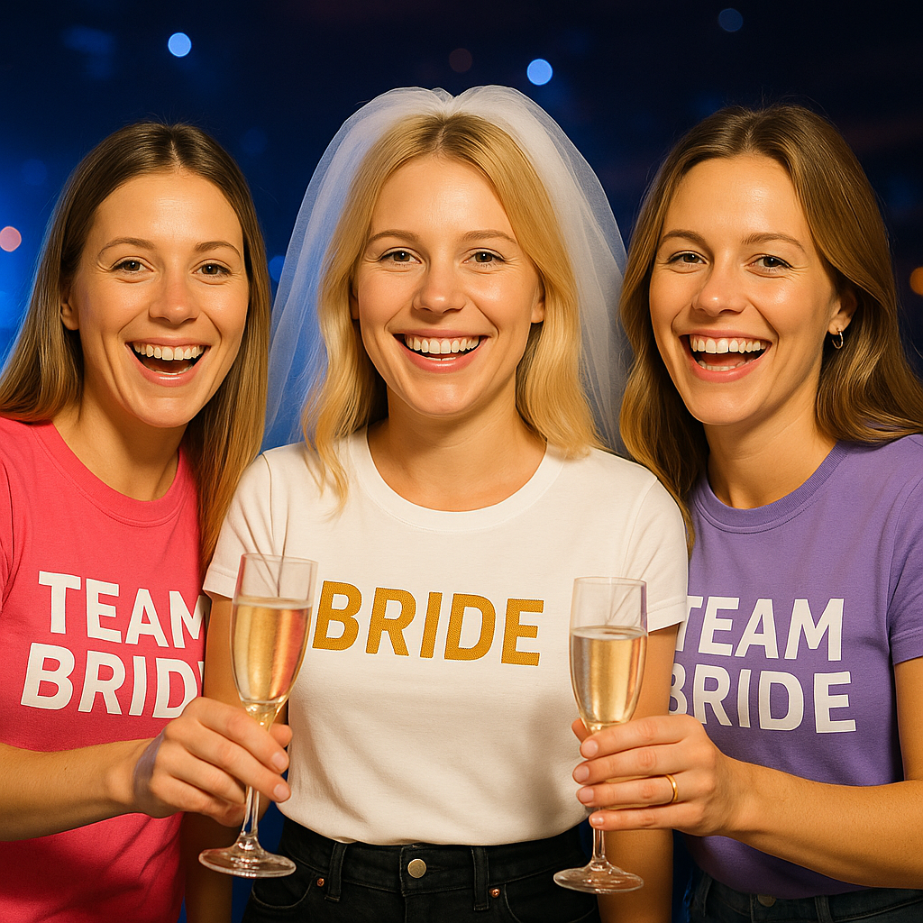 junggesellinnenabschied-bedrucktes-tshirt-mainz Cheers auf die Liebe: Braut mit Verlobungsschleier bei ausgelassener Party mit ihren Mädels.